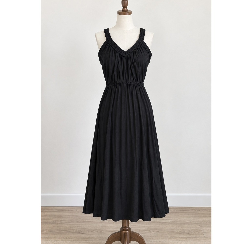 Banana Republic Black Braided V-Neck Rayon Midi Dress Small Sleeveless Jersey